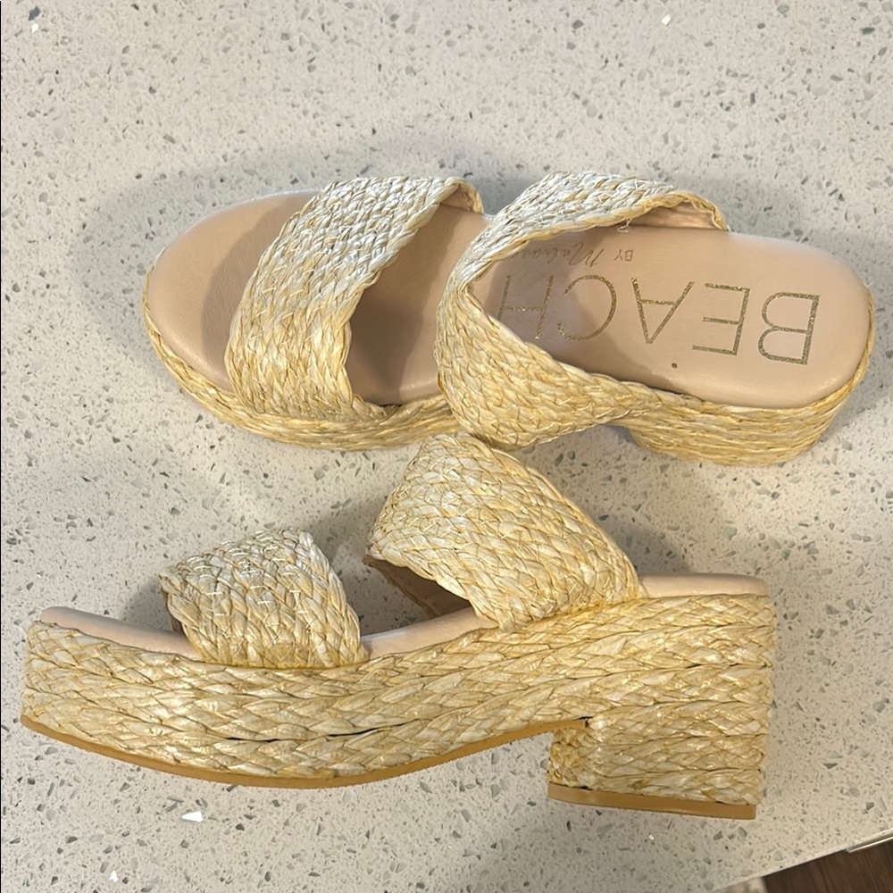 Tan Textured Flat Sandals with Woven Straps